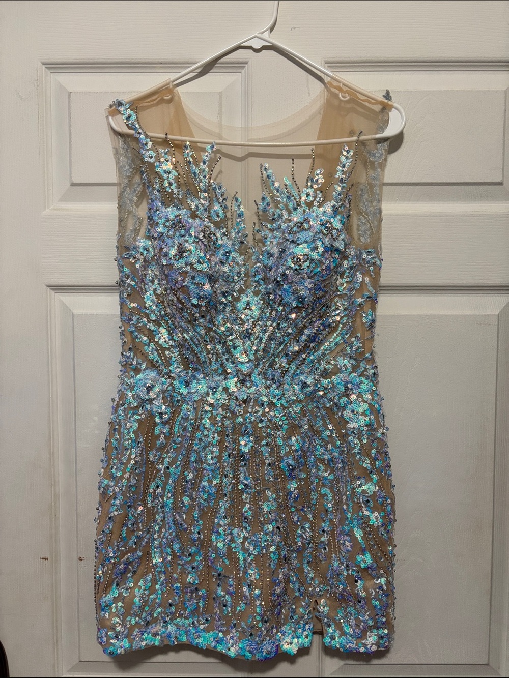 MoriLee Embellished Iridescent Blue Sequin Sheath Dress
